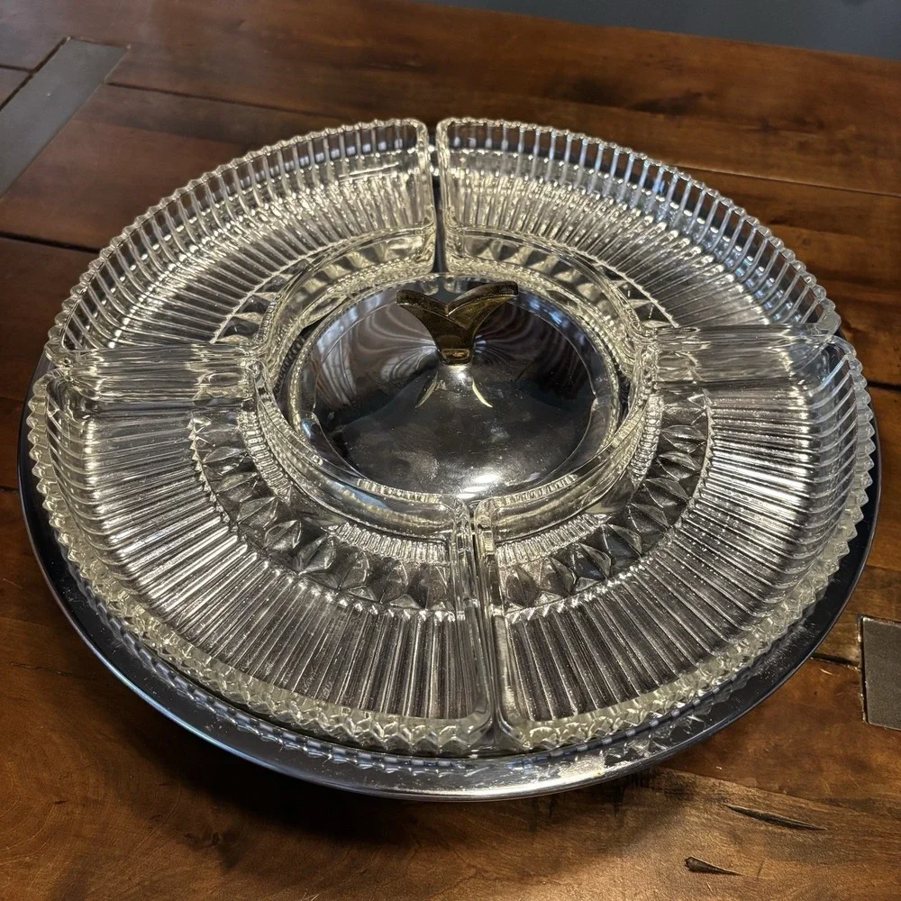 6pc VTG 60s MCM Kromex Chrome Glass Lazy Susan Serving Tray Lid ~ No Center Bowl
